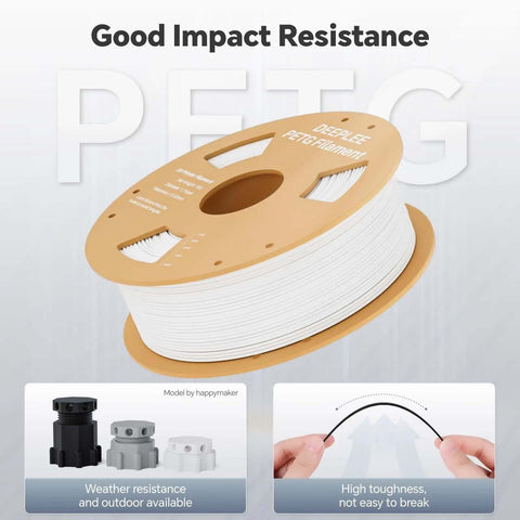 Spool of white PetG 3D printer filament showcasing impact resistance and flexibility with inserts of printed parts and bending test.