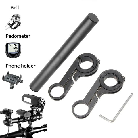 Bike Handlebar Extender Aluminum Alloy Bracket Extension Set with double extension bar, mounts, and hex key for accessories