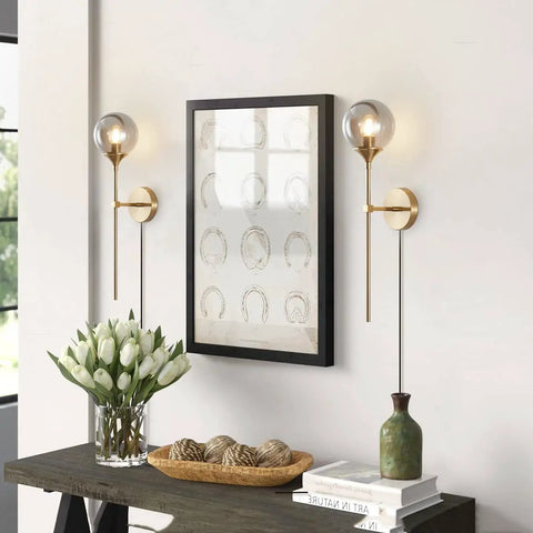 Dope Mid Century Smoke Glass Plug In Wall Lights Two Piece Brushed Brass Globe Sconce Lamps in modern hallway decor setup