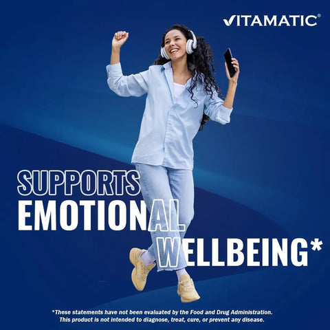 Person listening to music with headphones and phone, Vitamatic Lithium Orotate 20mg Mood Support Supplement promotion.