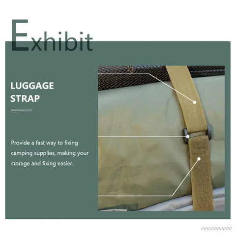 Four Pack Heavy Duty Luggage Tie Down Straps With Quick Buckles For Securing Trail Gear Locked Down On Tailgate Tours And Campouts Made From Strong Polyester Bungee That Grips Tight On Every Road Trip, close-up of green strap on gear.