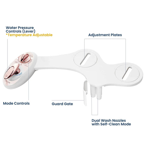 Rose Gold Bidet Attachment With Warm Water and Dual Nozzles, Self Cleaning No Electric Toilet Seat Washer, Adjustable Water Pressure