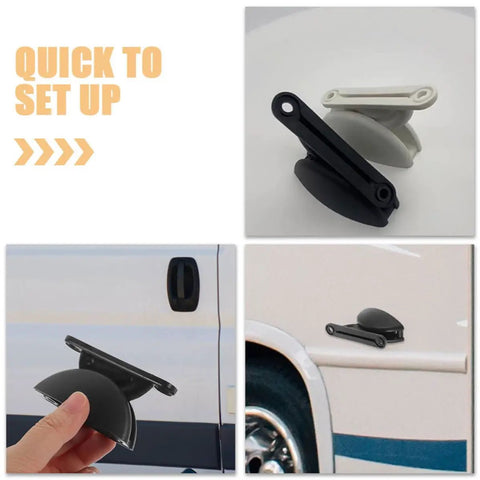 Heavy Duty Nylon Door Catch Retainer Set For RV Camper Motorhome with black and white colors shown, easy tool-free setup for security.