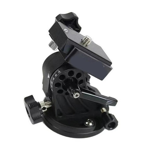 Pro Grade Aluminum Equatorial Telescope Mount With 0 To 70 Degree Tilt Wedge Latitude Base, angled view, heavy duty knobs.
