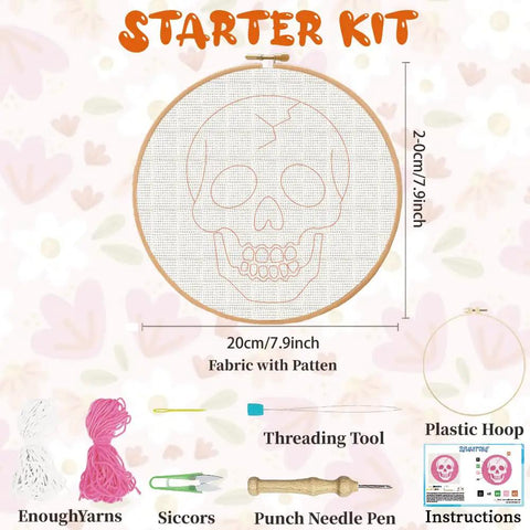 Pink Skull Head Punch Needle Kit for Adults Beginners Complete DIY Craft Needlepoint Set with Hoop Starter Embroidery 20x20cm