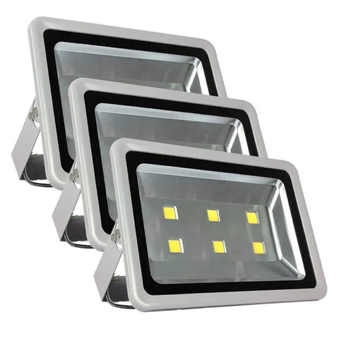 Hella Bright 300W LED Floodlights 10 Pack showcasing three floodlight fixtures with a sleek design and bright LEDs.