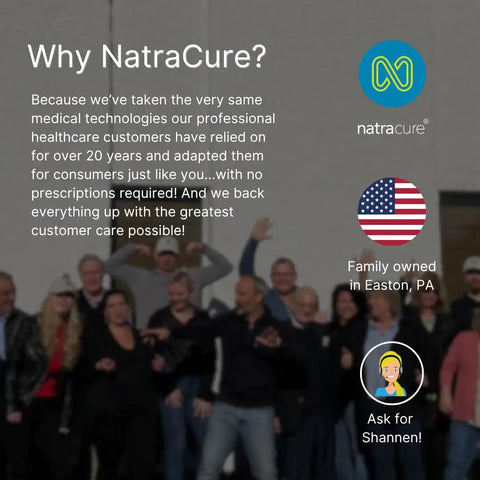 NatraCure promo banner with company logo, American flag, and team photo, highlighting customer care and family ownership in Easton, PA.