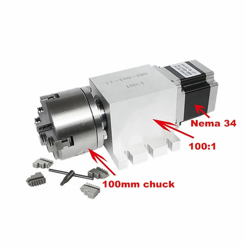 Badass Precision Fourth Axis Rotary Dividing Head With Retarder Drive Eighty Or One Hundred Millimeter Optional 3 Or 4 Jaw Chuck For Cnc Routers showing a Nema 34 stepper motor and 100mm chuck.