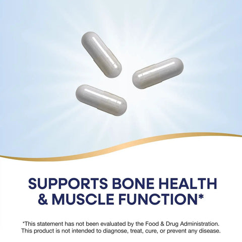 Three capsules of Calcium Magnesium Vitamin D Supplement For Bone Health And Muscle Function Gluten Free Soy Free No Salt Yeast Derived Ingredients Dairy Free No Artificial Colors Or Flavors.