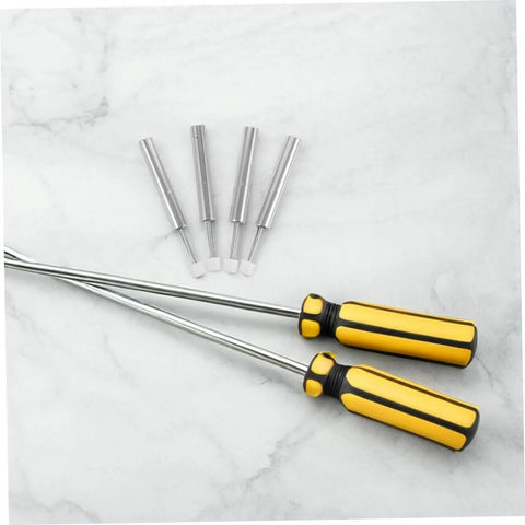 Yellow and black screwdrivers with four metal rods on marble surface