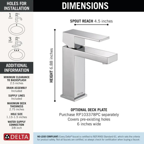 Modern Chrome One Hole Bathroom Faucet With Push Pop Drain For Vanity Sink, dimensions and installation details shown
