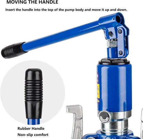 Adjustable Hydraulic Gear Puller handle showing non-slip rubber grip and metal body in blue color, vertical use setup visible.