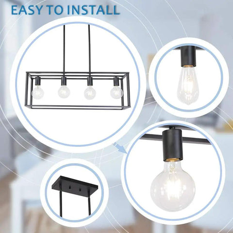 4 Light Industrial Open Frame Rectangle Pendant Lighting For Kitchen Island And Dining Room In Dope Black Finish With Adjustable Stems