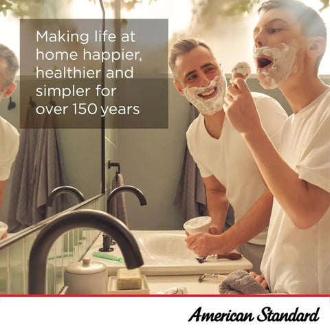Two people shaving in bathroom, smiling, with text 'Making life at home happier, healthier and simpler for over 150 years.'