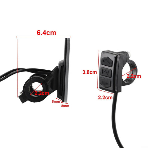 M5 LCD Display for E-Bikes and Scooters, side and control view, 5-pin interface, ABS shell, steel frame, with measurements shown.