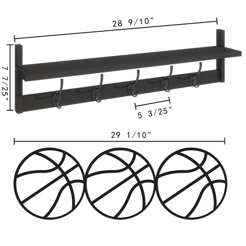 Heavy Duty Wall Mounted Shelf With Five Dual Hooks Straight Up Game Changer Entryway Coat Rack For Small Apartments Bathrooms And Bedrooms In Matte Black, 28.9in size with five hooks.