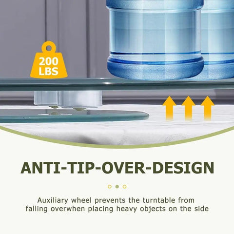 Round Lazy Susan Turntable With Smooth Aluminum Bearings And Heavy Duty Tempered Glass Swivel Serving Tray For House Parties Family Dinners And Holiday Feasts Easy Breezy Cleanup 34 Inch showing anti-tip design with auxiliary wheel support.