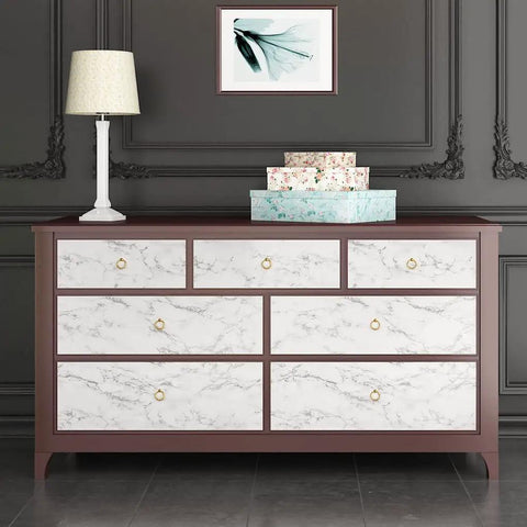 Dresser with Marble Look Contact Paper 317x36 Inch Grey White Waterproof Matte Vinyl Peel And Stick Self Adhesive Roll installed