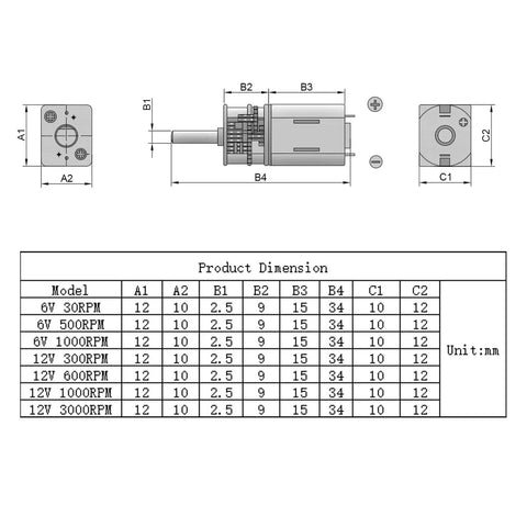 Technical diagram of a compact 12 volt high torque gear motor with a 3mm shaft and metal gears, showing dimensions and specs.