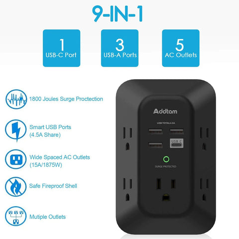 USB Wall Outlet With Surge Protector 5 Outlets And 4 USB Ports Including USB C 1800 Joules 3 Sided Widely Spaced Power Strip