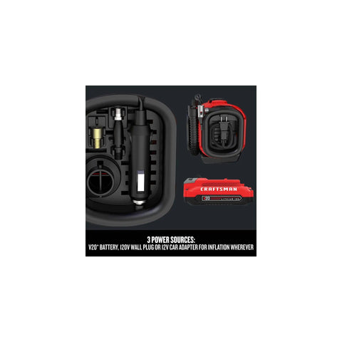 V20 Tire Inflator Portable Air Compressor with Cordless 120V Corded and 12V Car Adapter Modes, battery sold separately, parts visible