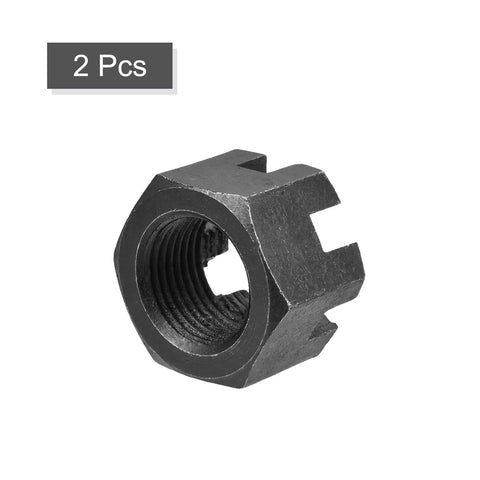 Pick Up This Sick Heavy Duty M24 X 2mm Hex Slotted Castle Nut Crafted From Solid Carbon Steel Grade 4 8 In Deep Matte Black Finish, side view showing thread detail.