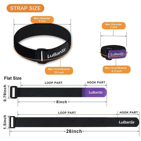 Diagram showing sizes of 8 Pack Bike Rack Straps With Adjustable Stabilizers, including 8 inch and 26 inch lengths for transport.