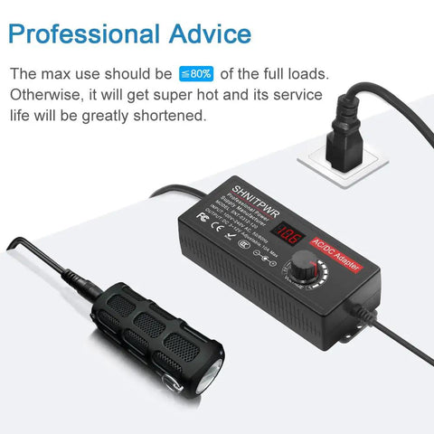 Adjustable DC Power Supply 3.5 to 12V 10A 120W AC to DC Adapter with 100 to 240V Input, showing plugged-in setup with tips.