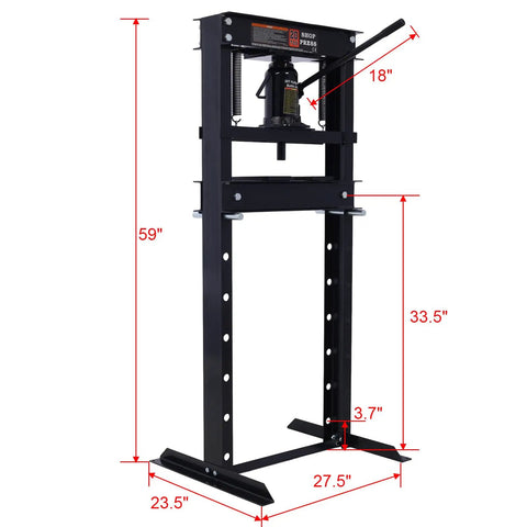 20 Ton Hydraulic Shop Press With Rugged H Frame Base And Smooth Adjustment Plate, showing detailed dimensions and sturdy build.