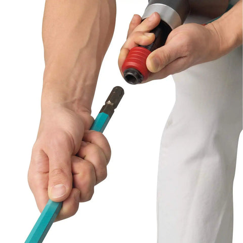 Person attaching WK Series Mortar Mixing Paddle for Drill Mixer Handle Heavy Duty Mud And Grout Paddle with HEXAFIX Connection