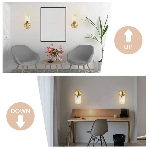 Gold Wall Sconce Set Of Two Rustic Brass Vanity Lights For Bathroom And Hallway installed in living room and office space.