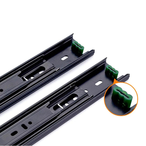 Two Pair Heavy Duty Ball Bearing Drawer Slides With Soft Close Design Cold Rolled Steel Tracks For Dressers No Slamming Around Gear Plus Smooth Gliding Motion Every Time, showing two cold rolled steel tracks with green soft close mechanism.