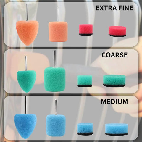 22 Piece Mini Buffing Polishing Pads Kit For Drill And Rotary Tools, showing various foam pads in extra fine, coarse, medium grades
