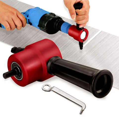 Dual Head Sheet Metal Nibbler Cutter With Handle And Wrench, 360 Degree Adjustable, shown in use cutting metal sheet.