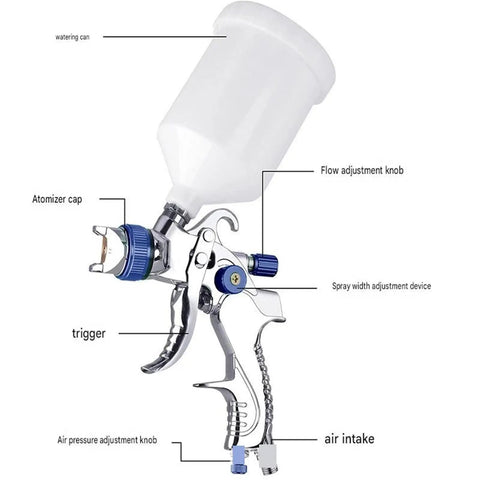 Built Tough Pneumatic Hvlp Paint Spray Gun With 600Cc Cup showing adjustable knobs for flow and spray width on a chrome design.