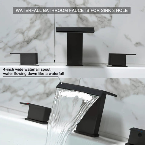 Deck Mount Roman Tub Faucet Set With 3 Hole Mount Dual Handle High Flow Matte Black Waterfall Spout installed on bathtub