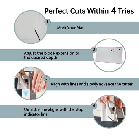 Instructions for using the Slick Retractable Mat Cutter Featuring Drop Dead Easy Depth Knob And Hella Sharp 45 Degree Bevel Blade.