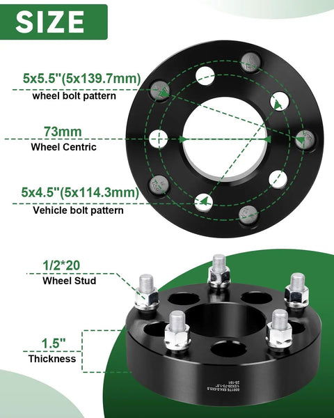 5x4.5 To 5x5.5 Wheel Adapters And Spacers For Bolt Pattern Swap Conversion, 1.5 Inch Thick, 73mm Hub Bore, Half Inch 20 Threads