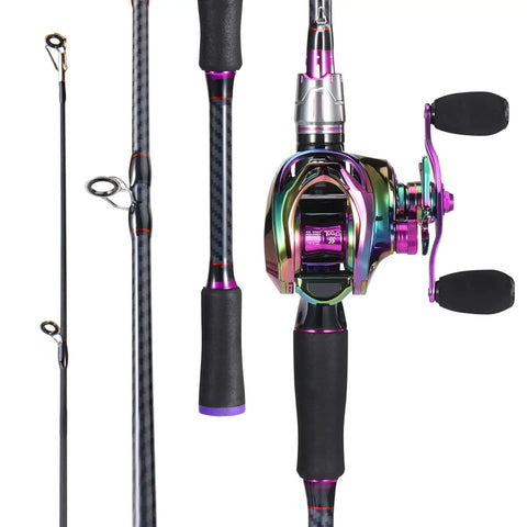 Two Piece Baitcasting Fishing Combo With Casting Reel Six Foot Purple Carbon And Glass Fiber Rods Right Handed Durable Travel Ready