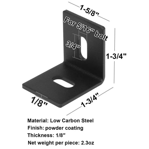 20 Pack Heavy Duty Black Corner Braces With Slotted L Angle Frame Supports For Table Tops And Woodworking Builds Built Tough Steel Pro Grade Mount Hardware Kit showing a single L bracket with measurements.