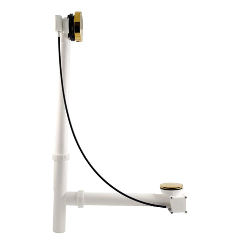 Top Shelf Smooth Operation Heavy Duty Cable Drive Bathtub Drain Trim Kit With 27 Inch Pull Chain Rotary Overflow Knob and Pop Up Stopper Plus Polished Brass Poly Tubular Pipe and Hardware Set with white pipe and black cable.
