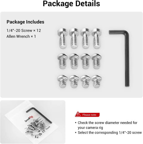 Solid Go To Allen Wrench And Quarter Inch Screws Accessory Kit Built Tough For Camera Rigging and Gear Mounting showing twelve stainless steel screws and one hex key.