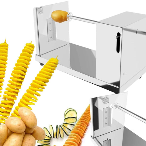 ANYDOCANMOOT spiral potato cutter, front view; manual stainless steel slicer for curly fries with reusable stick