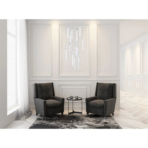 Modern 13 Light Crystal And Metal Pendant Ceiling Fixture In Sleek Chrome Finish For Fresh Home Vibes And Dope Indoor Ambiance Slick Living Room Chandelier Decor above two dark armchairs in a stylish room.