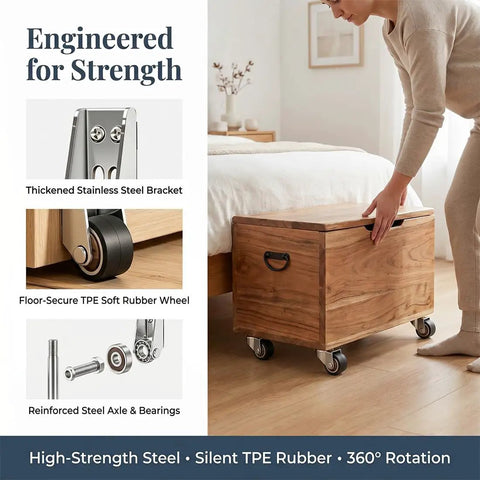 No Drama Heavy Duty Vertical Roller Wheels For Sliding Barn Doors Silent Rubber Bottom Guides Precision Bearings One Hundred Ten Pound Capacity Eight Pack Garage Ready close-up showing thick stainless steel bracket and soft rubber wheel