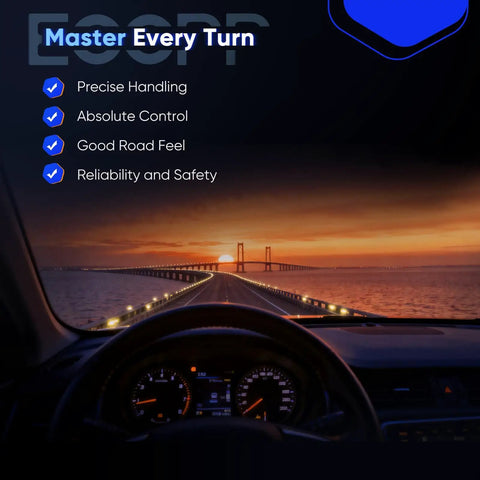 View from car dashboard at sunset with bridge visible, emphasizing precise handling and control with Toyota Sienna 3.0L Hydraulic Power Steering Rack And Pinion Assembly Replacement For 1998 1999 2000 2001 2002 2003 Fits OE 26-1615 44250-08010 44250-08020 Smooth Responsive Steering.
