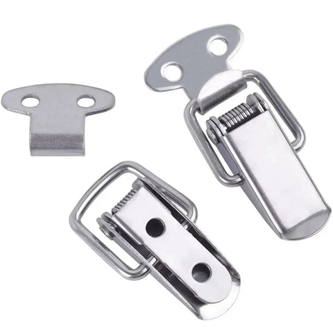 Mini Toggle Latches With Spring Loaded Clamp Clip For Cabinets, Boxes, Crates And Chests, silver metal clasp pieces displayed
