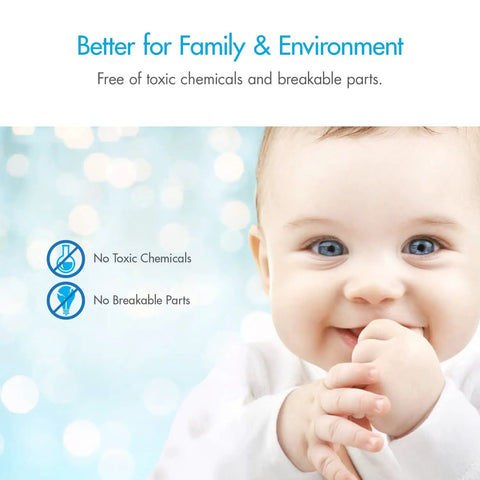 Smiling baby with text about non-toxic, break-free products, promoting safety for family and environment.