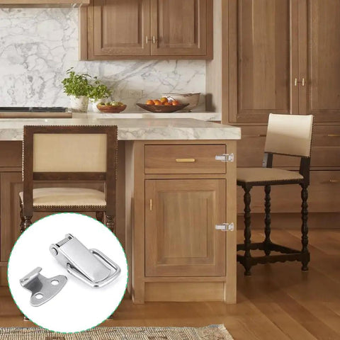 Kitchen cabinet with 10 Pack Stainless Steel Spring Loaded Toggle Latch Clips For Cabinets Beefy Heavy Duty Cabinet Door And Drawer Latches Polished Silver Finish Durable Easy Grip Reliable Elastic Spring Closures installed.