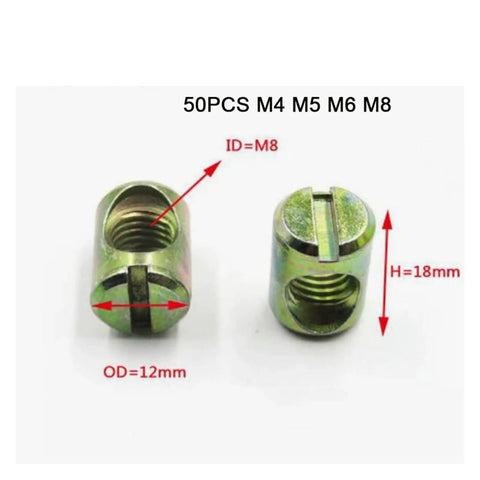 Beefy Heavy Duty Barrel Nuts Set 50 Pcs Metallic Slotted Cross Dowel Barrels M4 M5 M6 M8 Zinc Plated For Strong Furniture Joints
